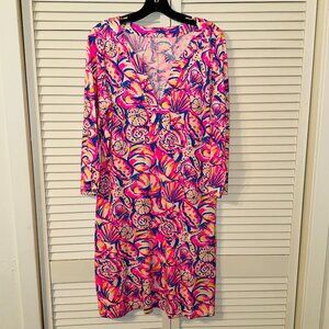 Lilly Pulitzer Cotton Dress Size Large V neck  3/4 Sleeve gold button accent